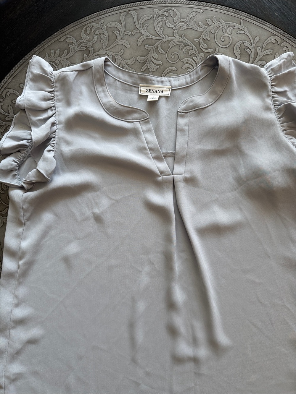Zenana Outfitters Light grey ruffle Sleeve Split-Neck Blouse